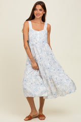 Blue Floral Tiered Sleeveless Maternity Midi Dress