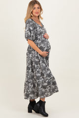 Black Floral V-Neck 3/4 Sleeve Maternity Midi Dress
