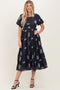 Navy Floral Embroidered Puff Sleeve Midi Dress