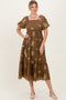 Mocha Floral Embroidered Puff Sleeve Midi Dress