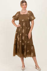 Mocha Floral Embroidered Puff Sleeve Maternity Midi Dress