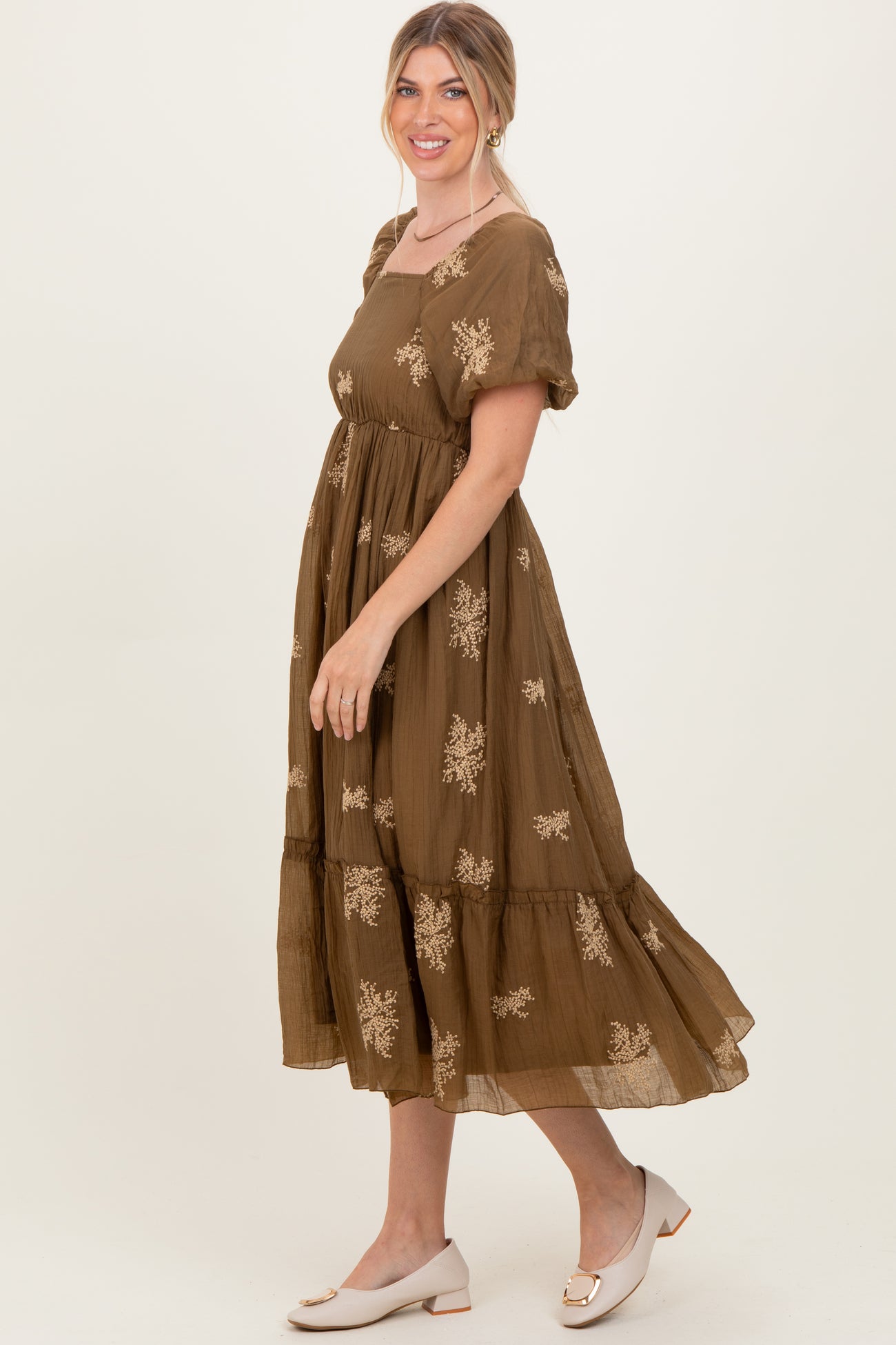 Mocha Floral Embroidered Puff Sleeve Midi Dress
