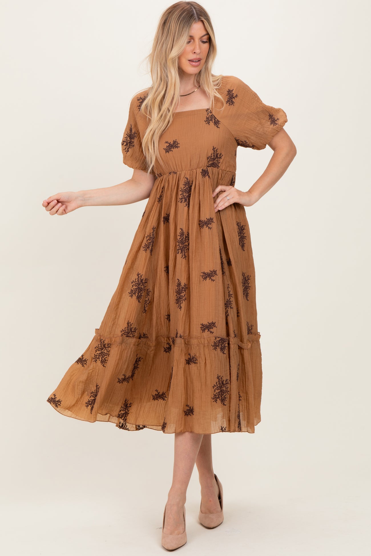 Taupe Floral Embroidered Puff Sleeve Midi Dress