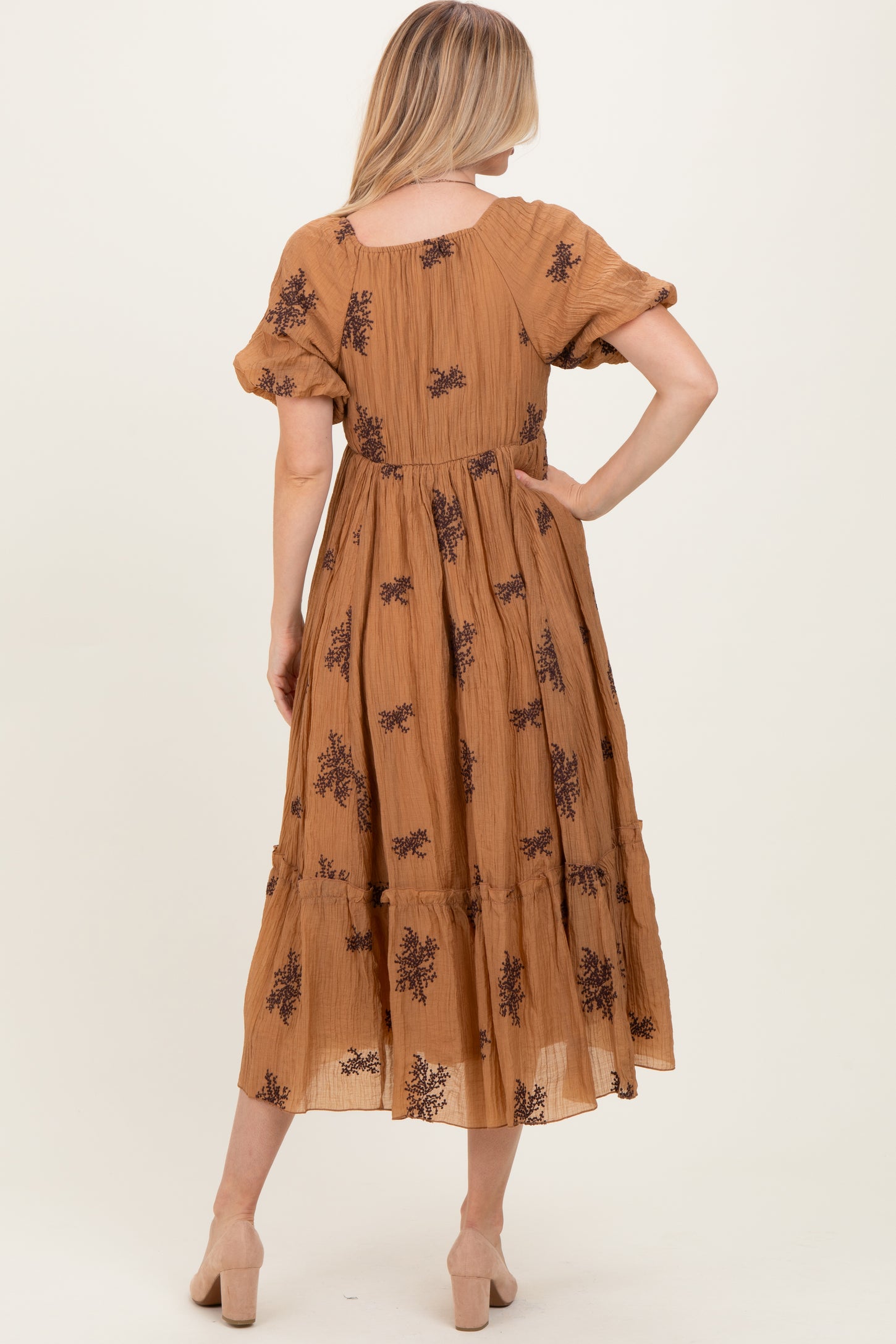 Taupe Floral Embroidered Puff Sleeve Midi Dress