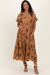 Taupe Floral Embroidered Puff Sleeve Maternity Midi Dress
