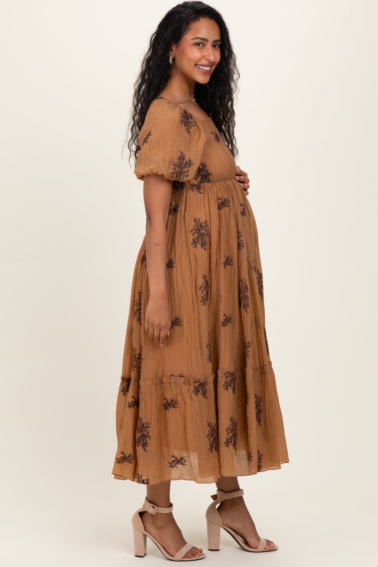 Taupe Floral Embroidered Puff Sleeve Maternity Midi Dress