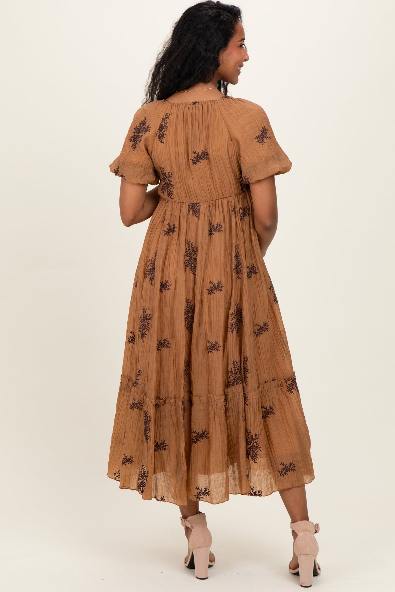 Taupe Floral Embroidered Puff Sleeve Maternity Midi Dress