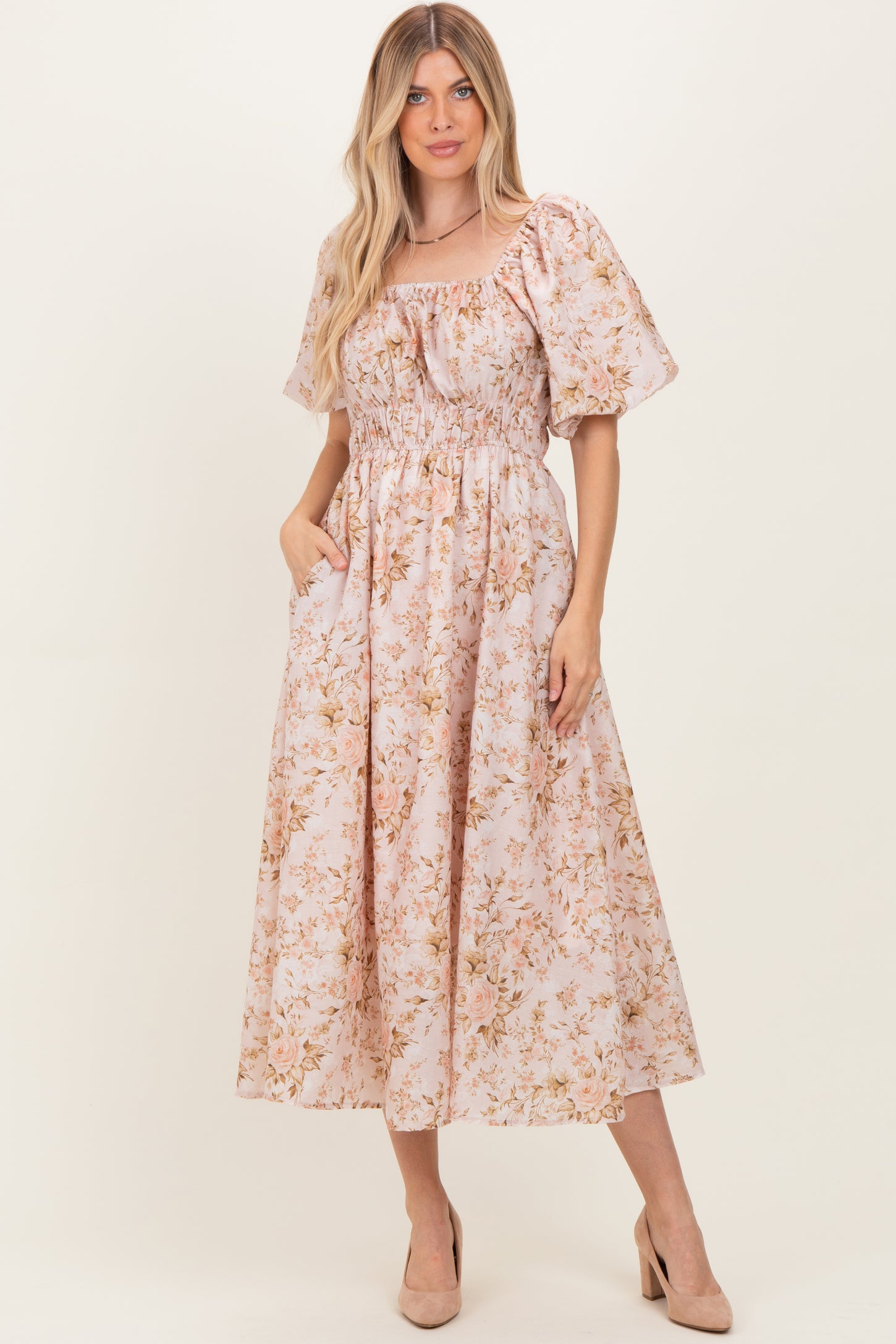 Beige Floral Puff Sleeve Midi Dress