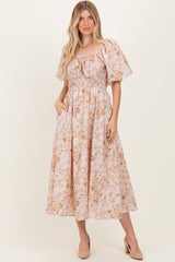 Beige Floral Puff Sleeve Maternity Midi Dress