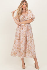 Beige Floral Puff Sleeve Midi Dress