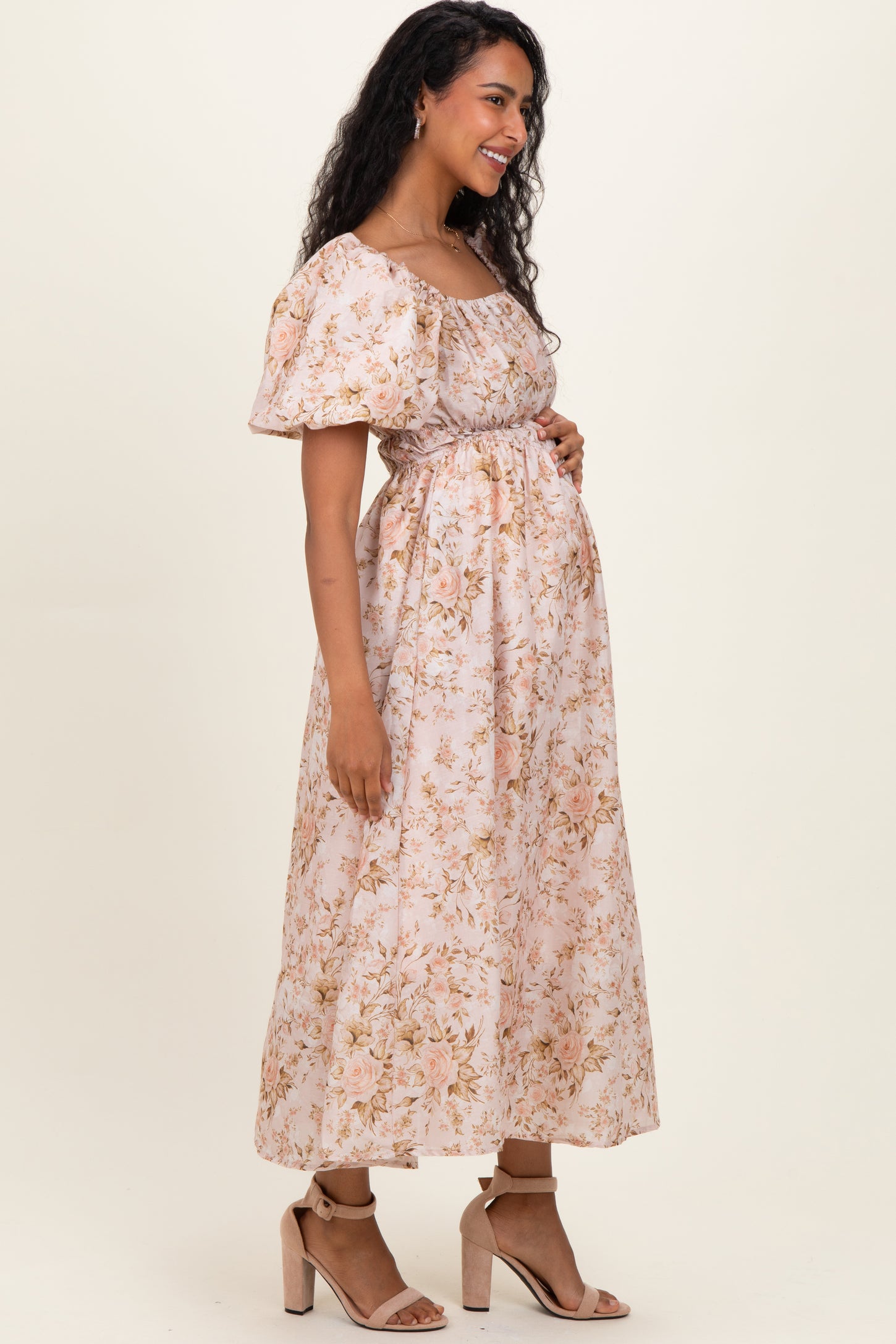 Beige Floral Puff Sleeve Maternity Midi Dress
