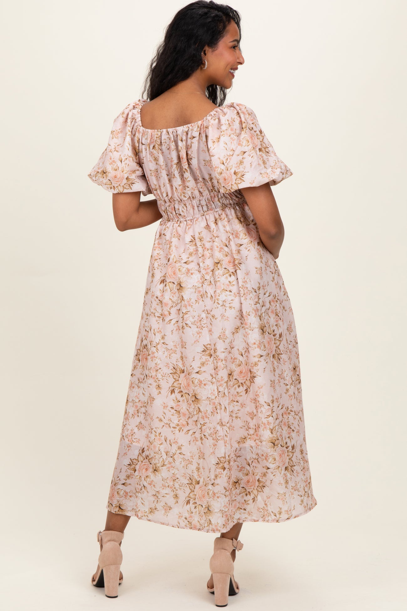Beige Floral Puff Sleeve Maternity Midi Dress
