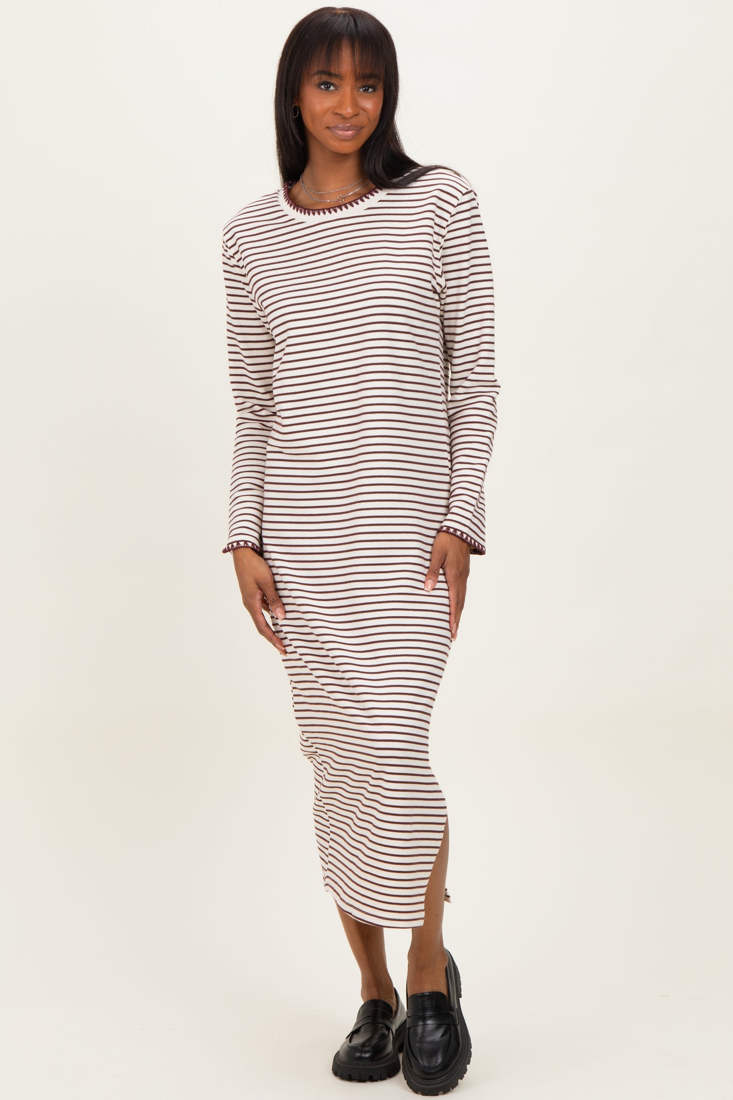 Cream Striped Stitch Detail Long Sleeve Maternity Midi Dress