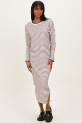 Cream Striped Stitch Detail Long Sleeve Maternity Midi Dress