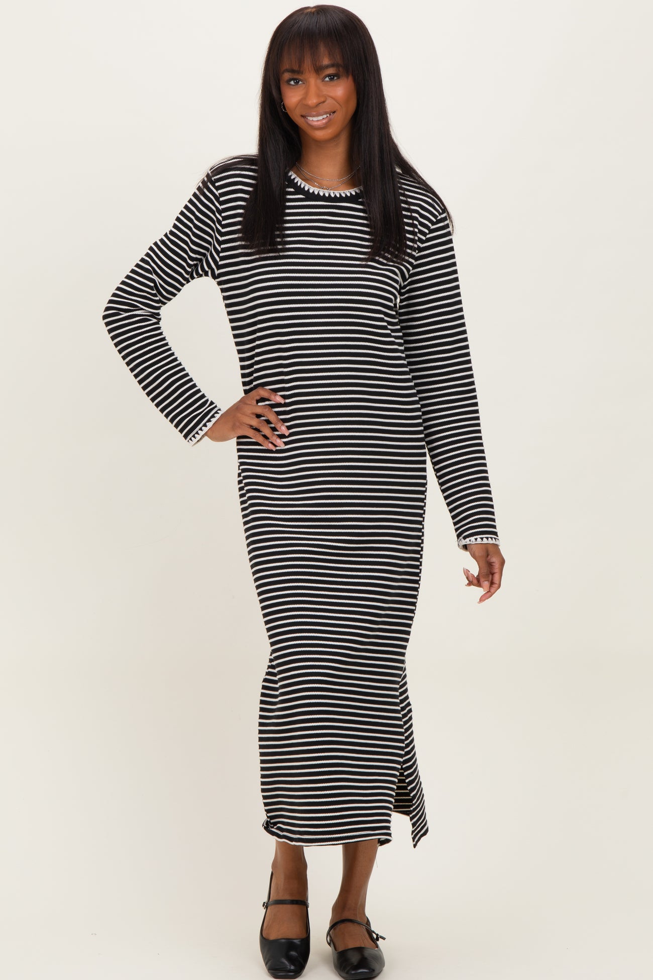 Black Striped Stitch Detail Long Sleeve Maternity Midi Dress