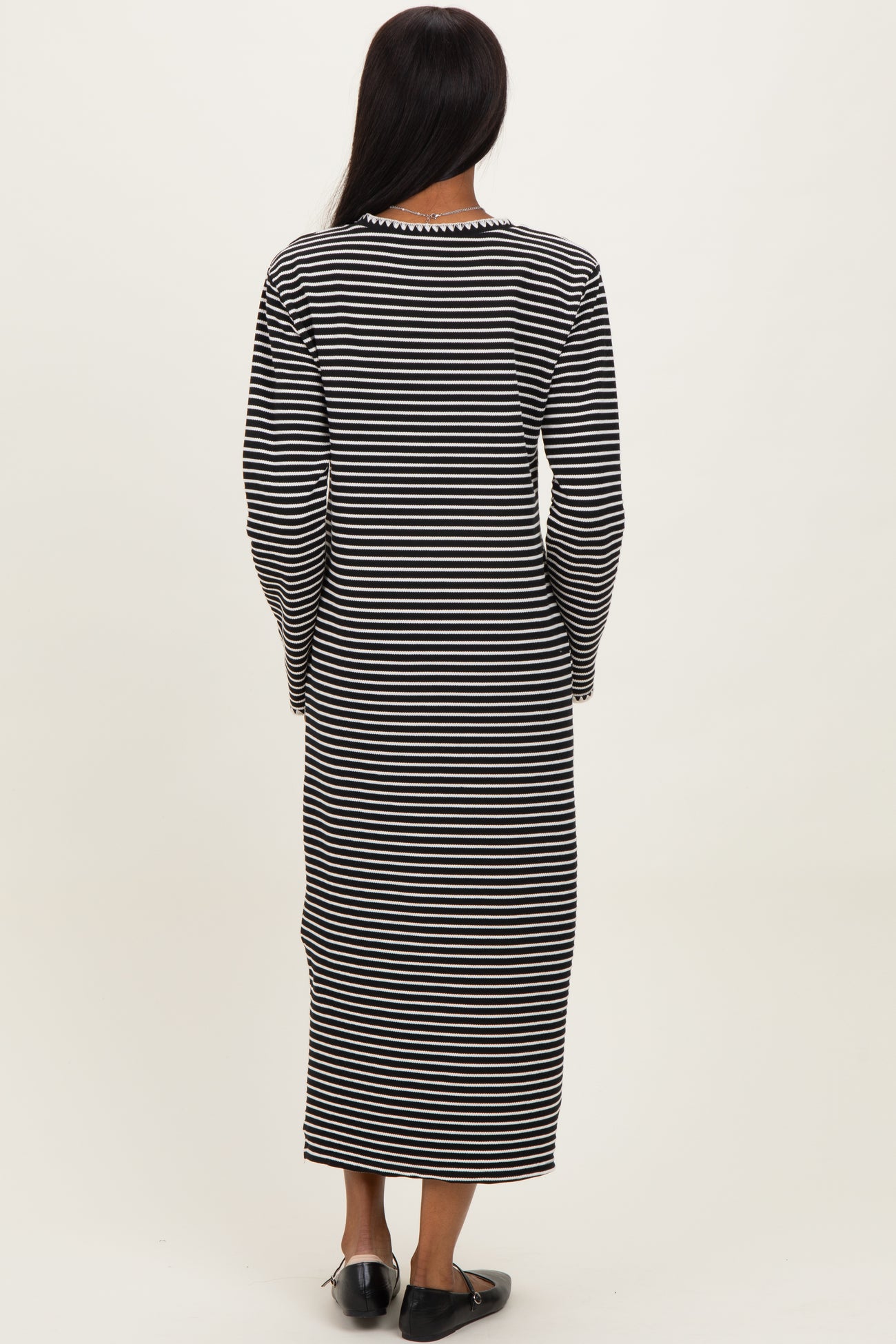 Black Striped Stitch Detail Long Sleeve Midi Dress