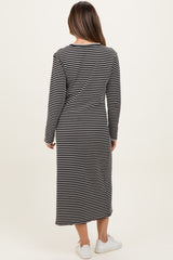 Black Striped Stitch Detail Long Sleeve Maternity Midi Dress