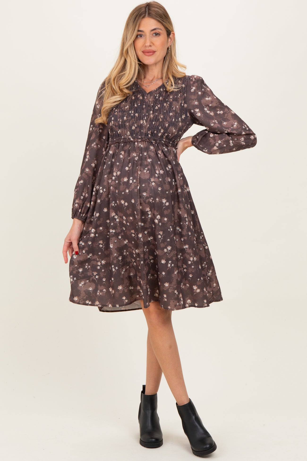 Brown Floral Smocked Long Sleeve Maternity Dress