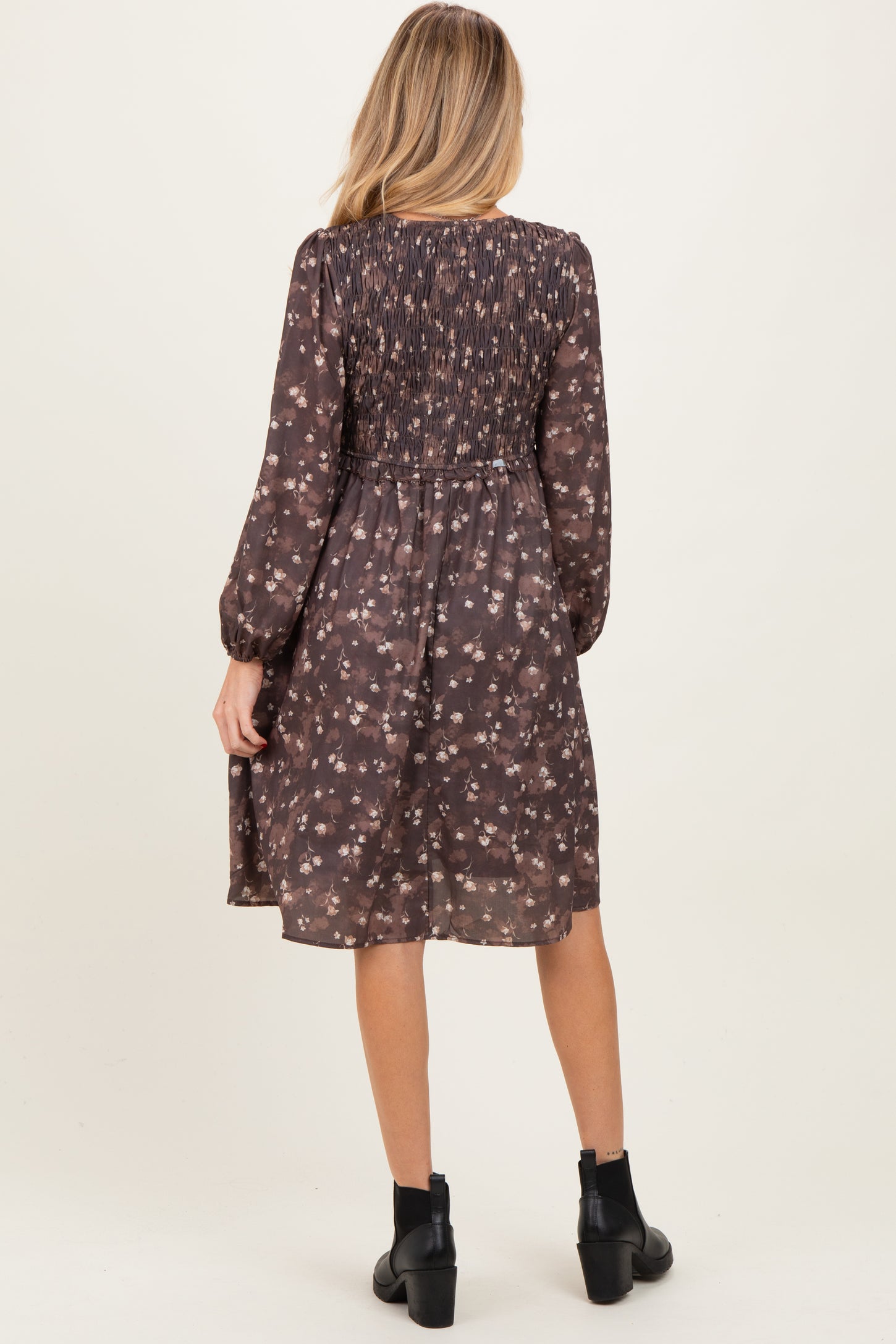 Brown Floral Smocked Long Sleeve Maternity Dress
