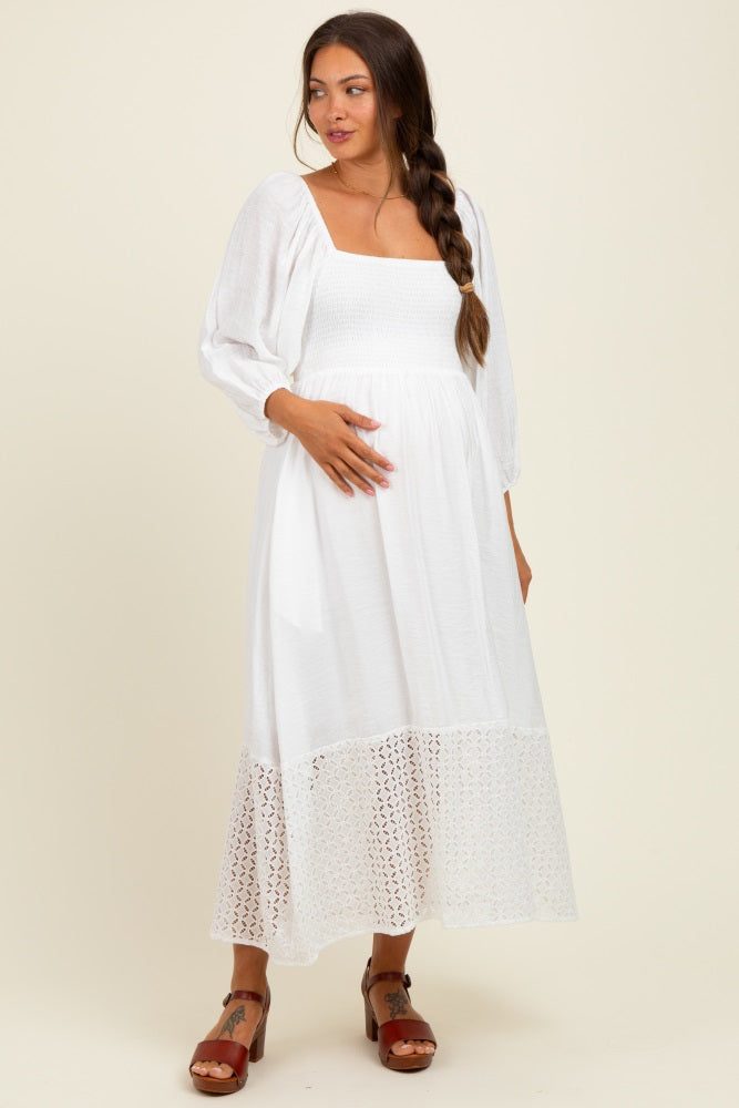 White Eyelet Contrast Smocked Bubble Sleeve Maternity Midi Dress