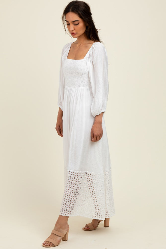 White Eyelet Contrast Smocked Bubble Sleeve Maternity Midi Dress