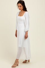 White Eyelet Contrast Smocked Bubble Sleeve Maternity Midi Dress