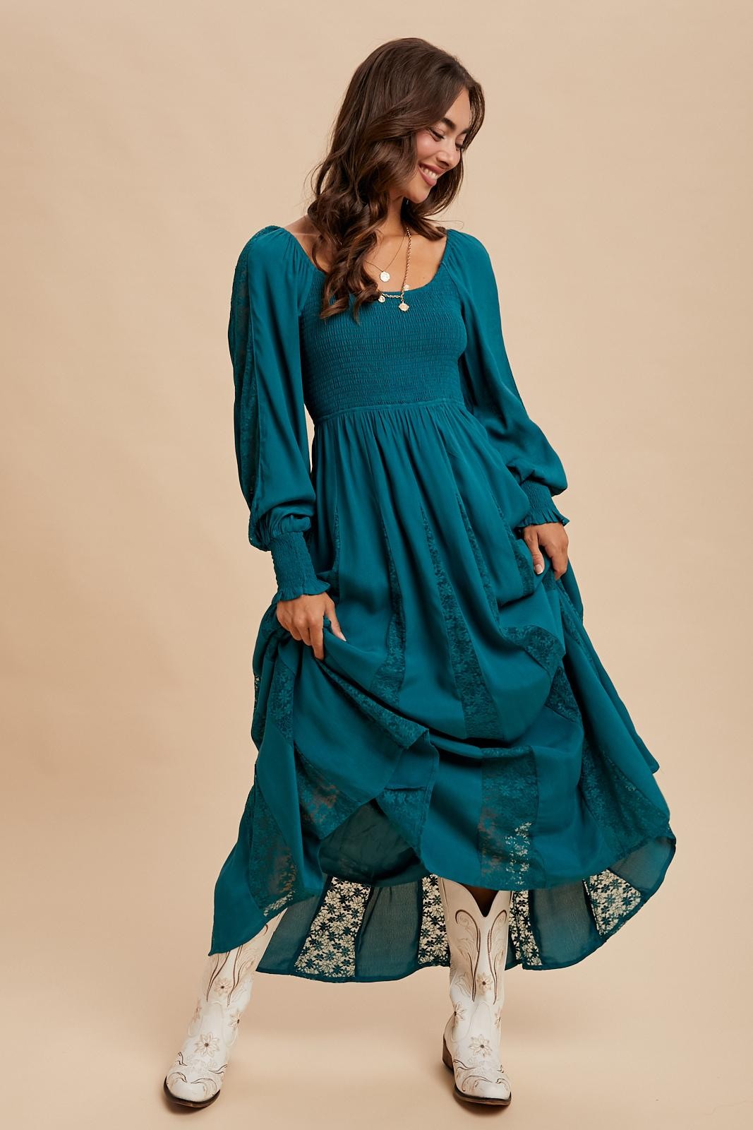 Emerald Lace Inset Smocked Maxi Dress