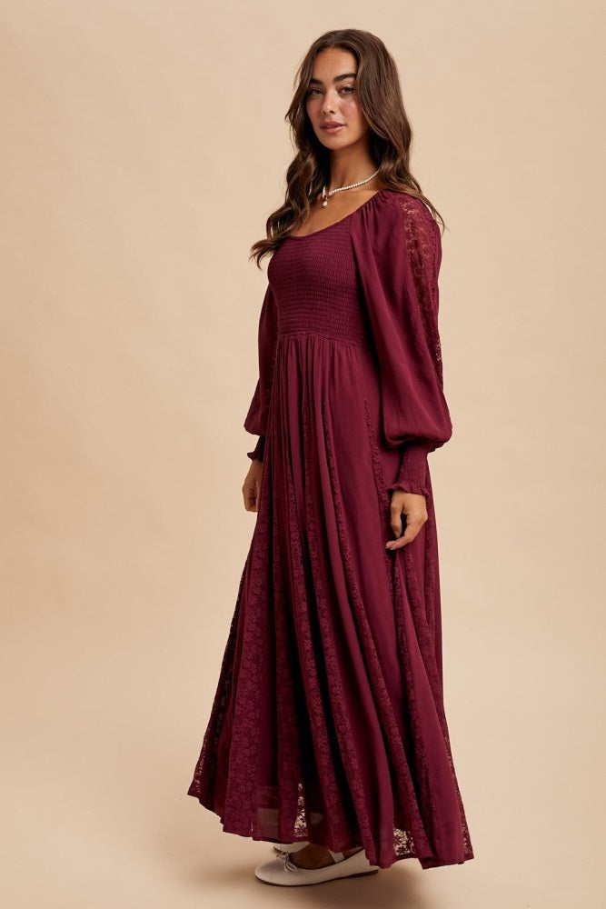 Burgundy Lace Inset Smocked Maxi Dress