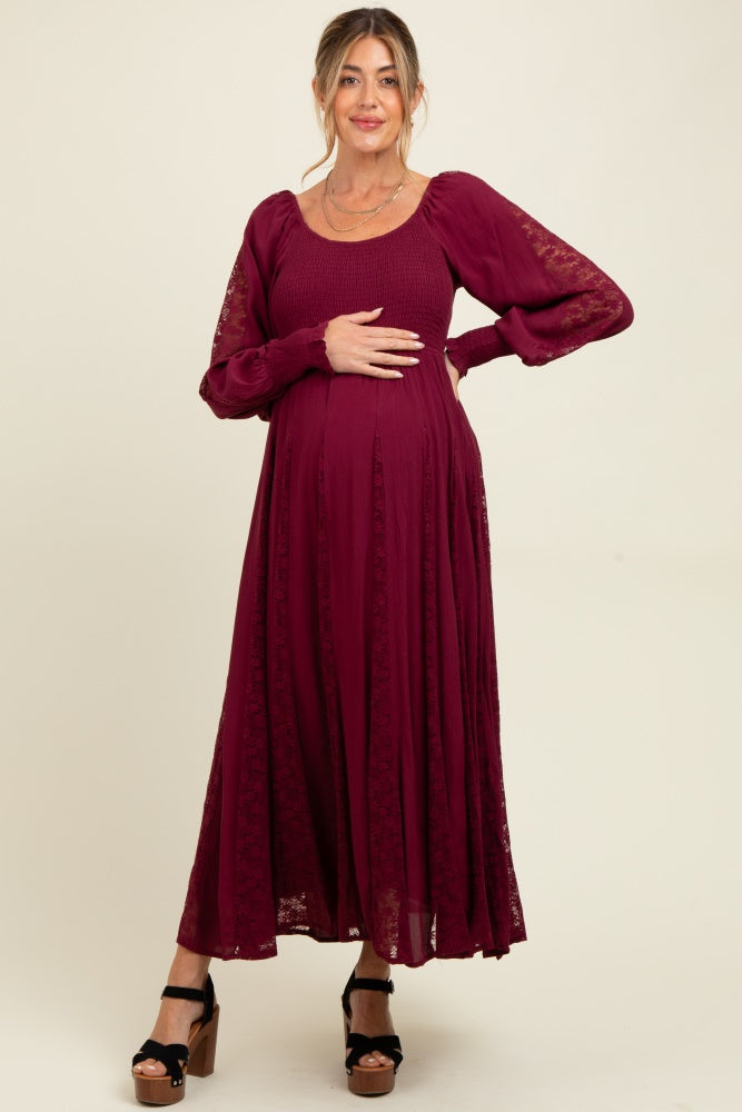 Burgundy Lace Inset Smocked Maternity Maxi Dress