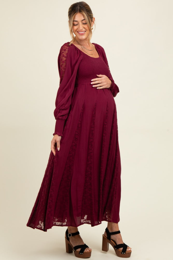Burgundy Lace Inset Smocked Maternity Maxi Dress