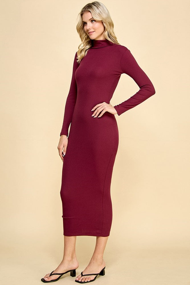 Burgundy Turtle Neck Ribbed Fitted Long Sleeve Maxi Dress