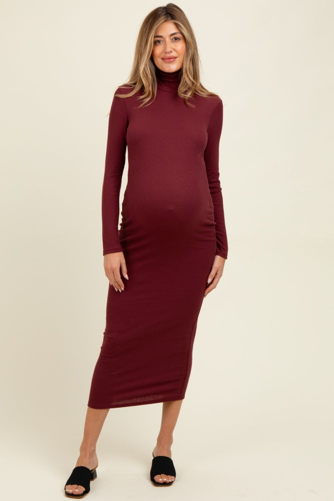 Burgundy Turtle Neck Ribbed Fitted Long Sleeve Maternity Maxi Dress