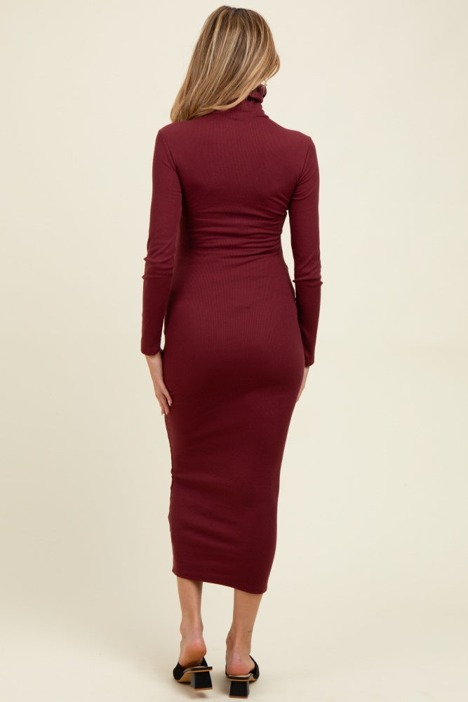 Burgundy Turtle Neck Ribbed Fitted Long Sleeve Maternity Maxi Dress