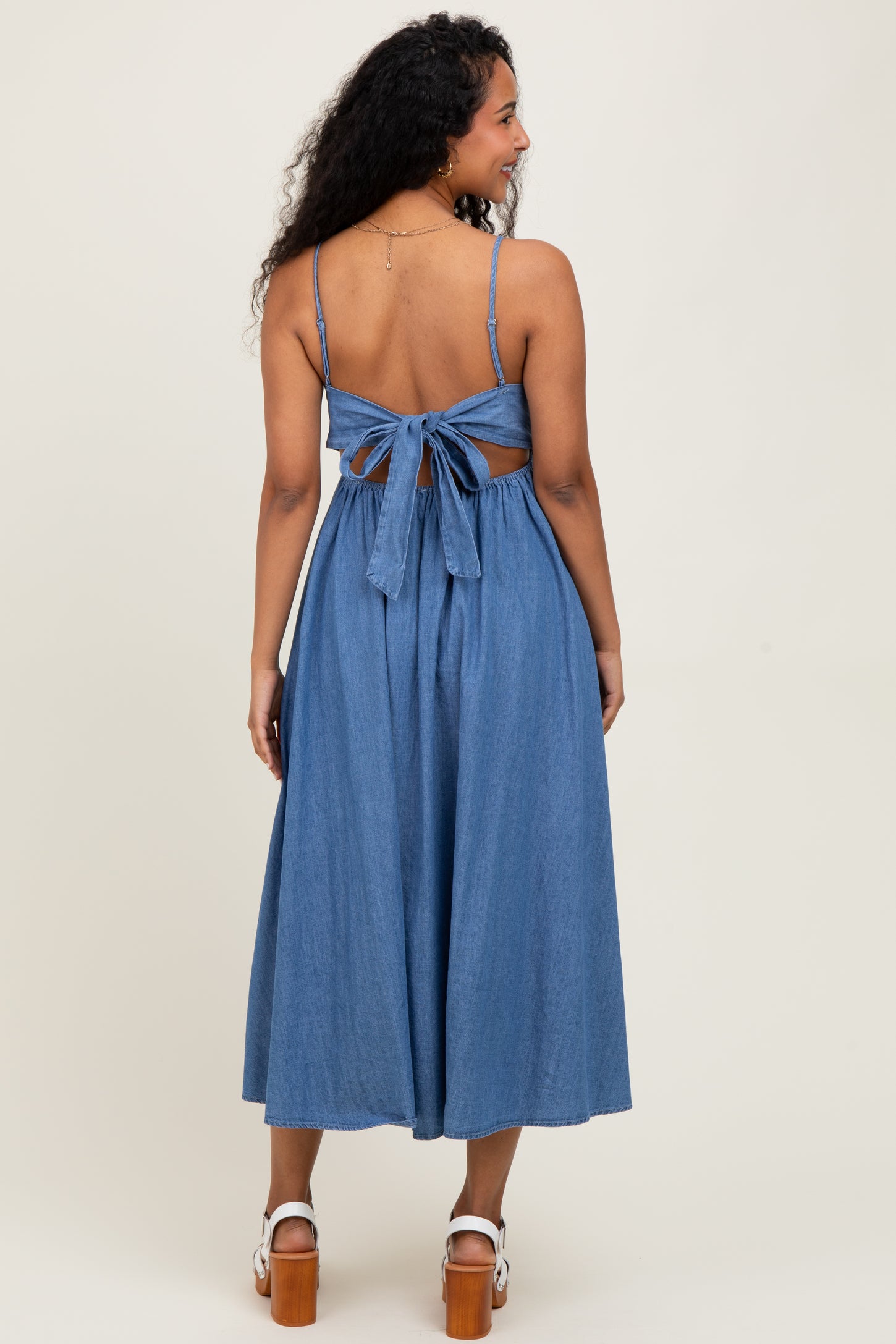 Denim Open Tied Back A-Line Maternity Midi Dress