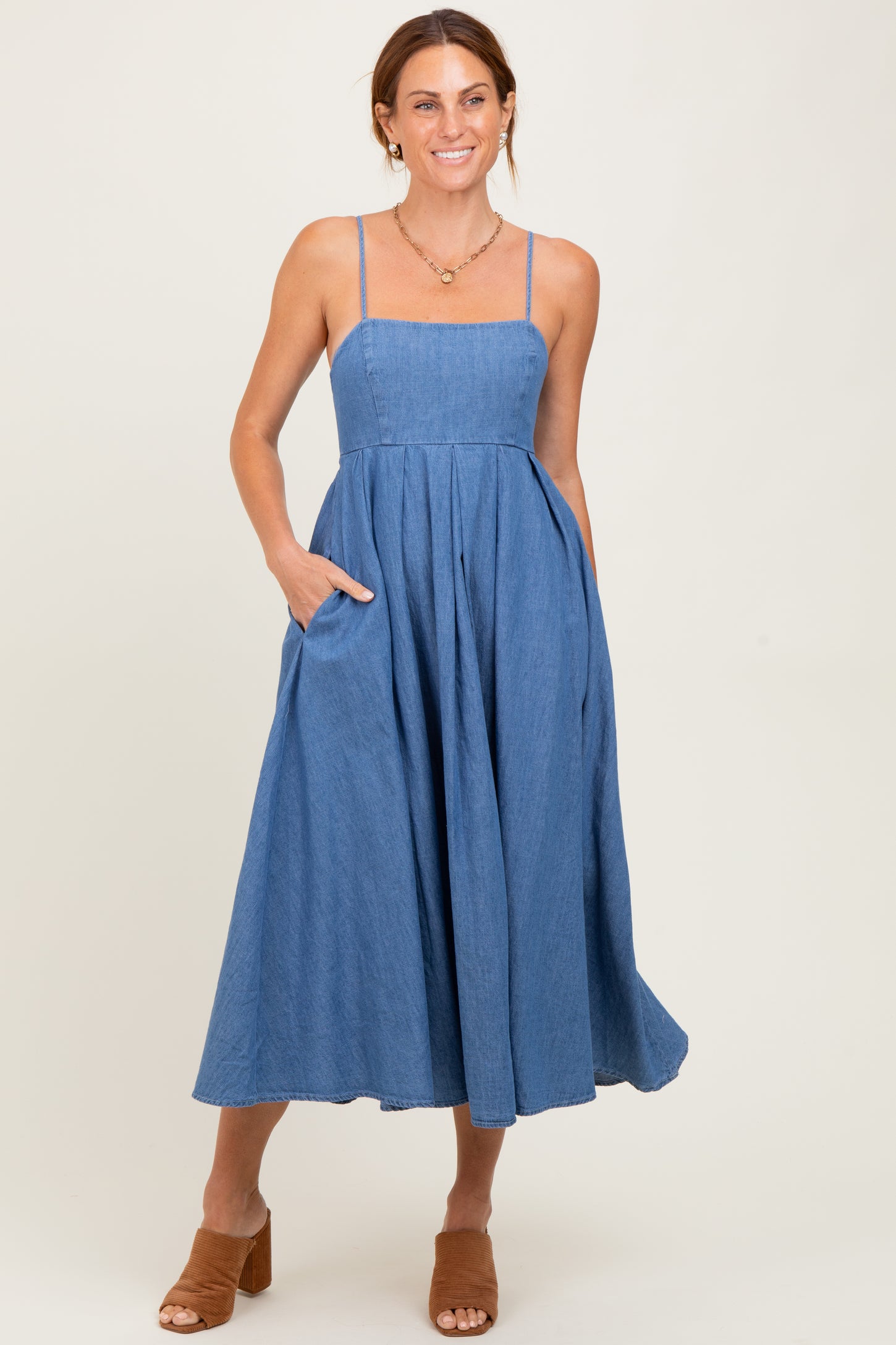 Denim Open Tied Back A-Line Maternity Midi Dress