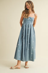 Denim Tied Back Embroidered Maternity Midi Dress