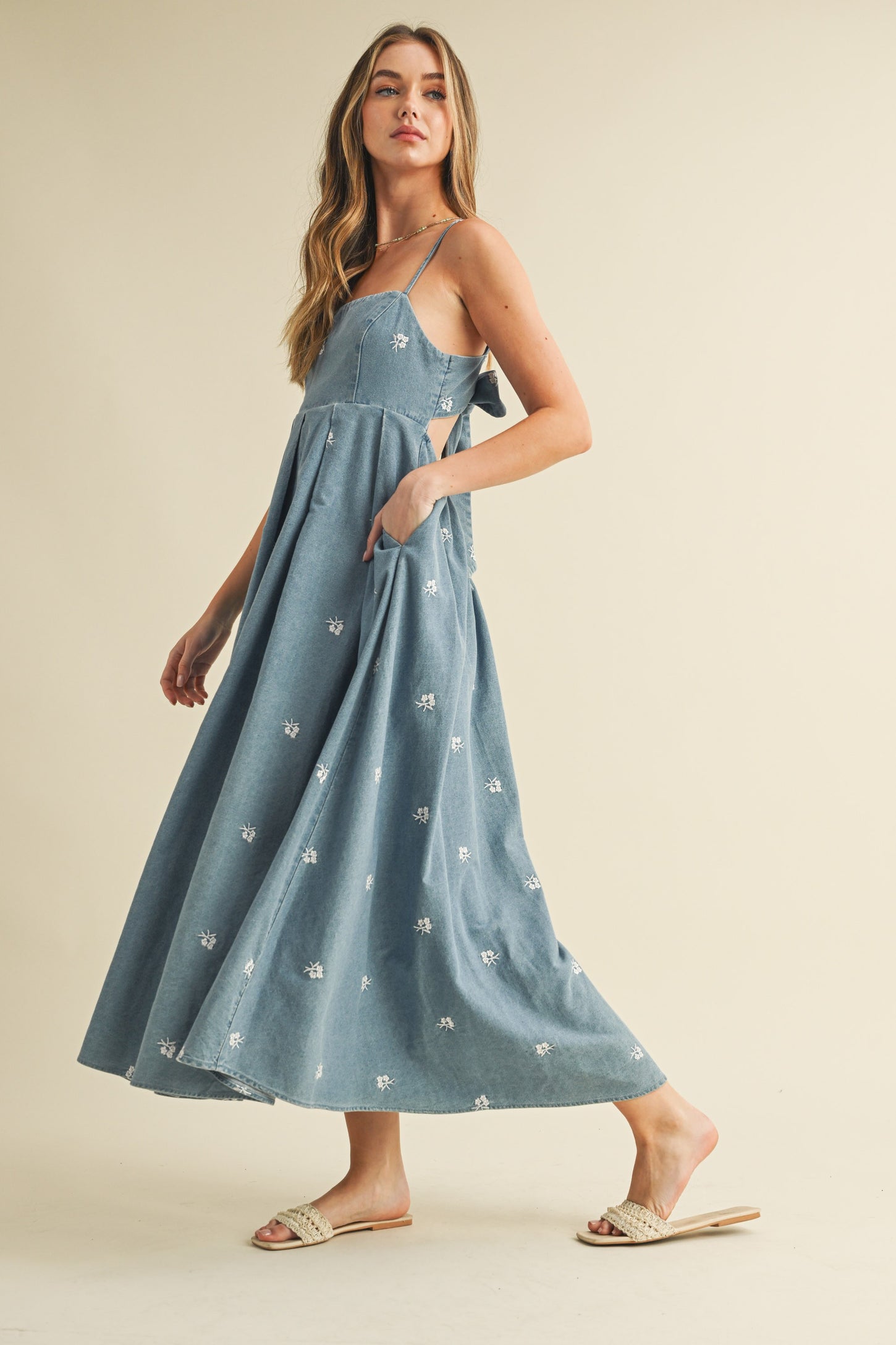 Denim Tied Back Embroidered Midi Dress