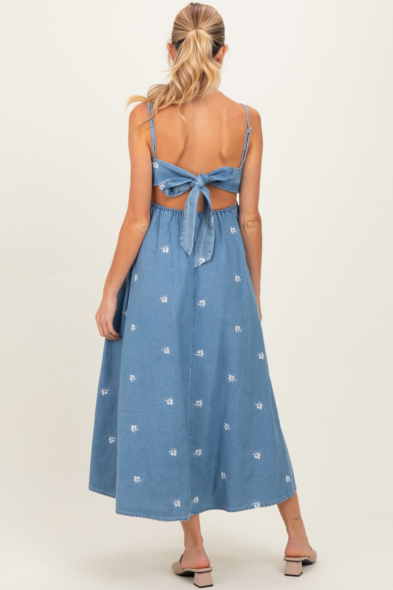 Denim Tied Back Embroidered Maternity Midi Dress