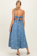 Denim Tied Back Embroidered Maternity Midi Dress
