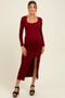 Burgundy Scoop Neck Long Sleeve Front Slit Maternity Maxi Dress