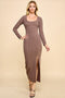 Brown Scoop Neck Long Sleeve Front Slit Maxi Dress
