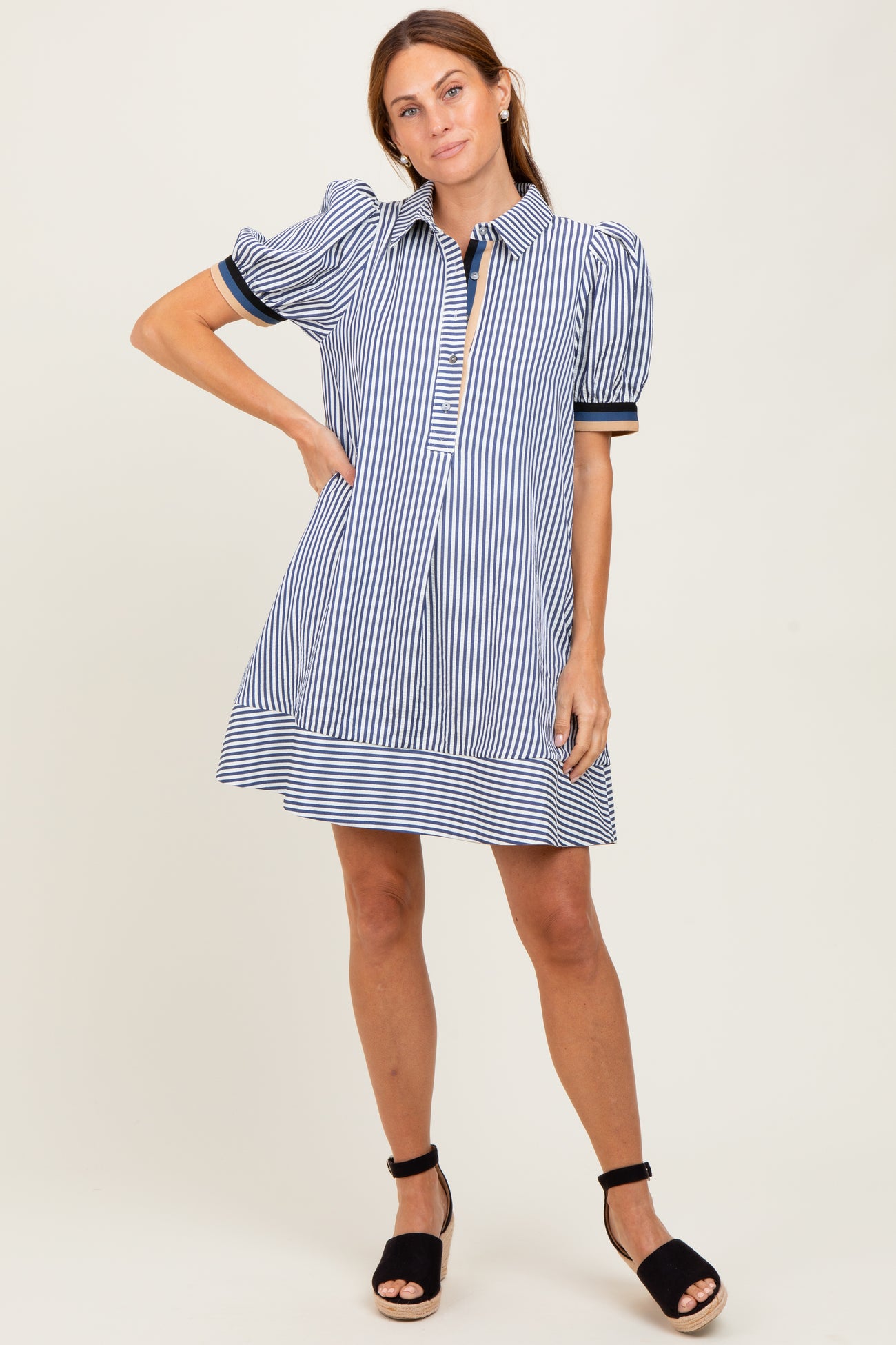 Navy Blue Striped Puff Sleeve Mini Shirt Dress
