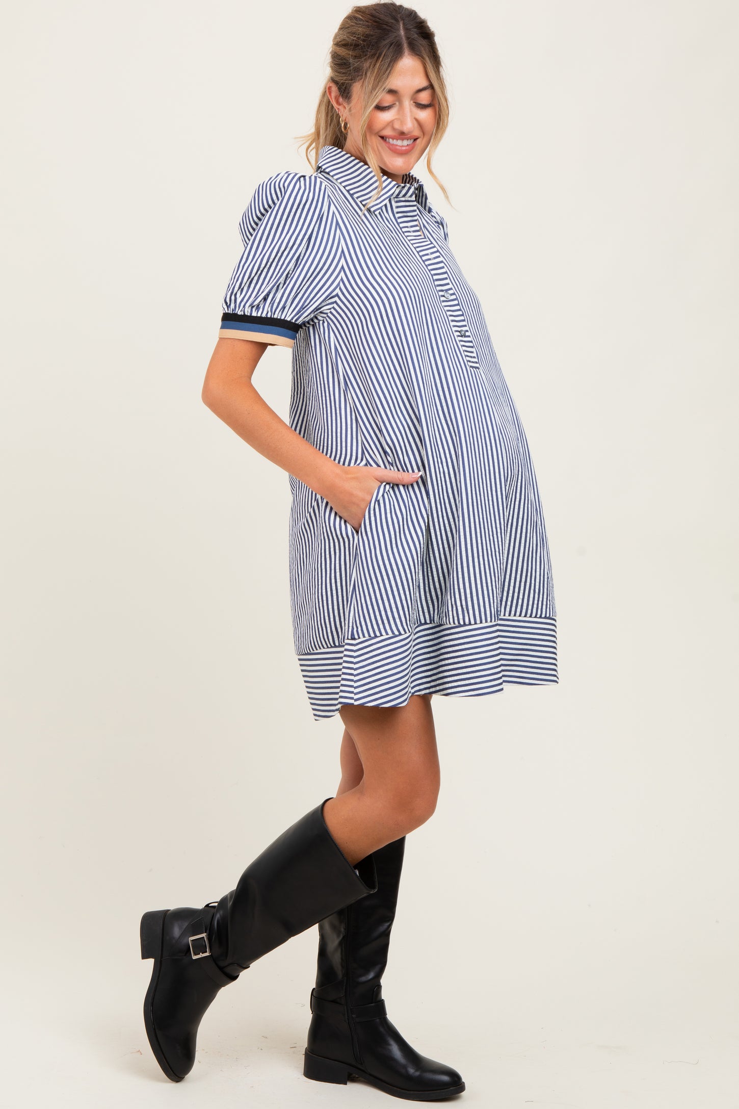 Navy Blue Striped Puff Sleeve Maternity Mini Shirt Dress