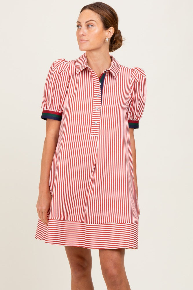 Rust Striped Puff Sleeve Mini Shirt Dress