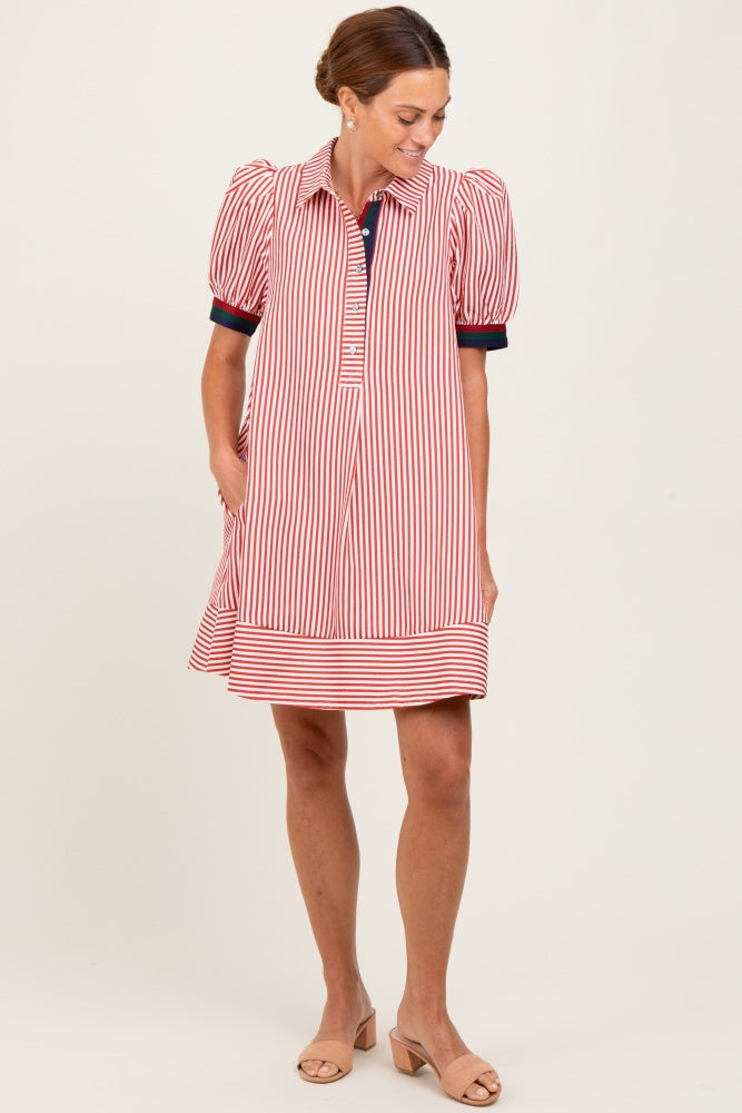 Rust Striped Puff Sleeve Mini Shirt Dress