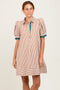 Camel Striped Puff Sleeve Mini Shirt Dress