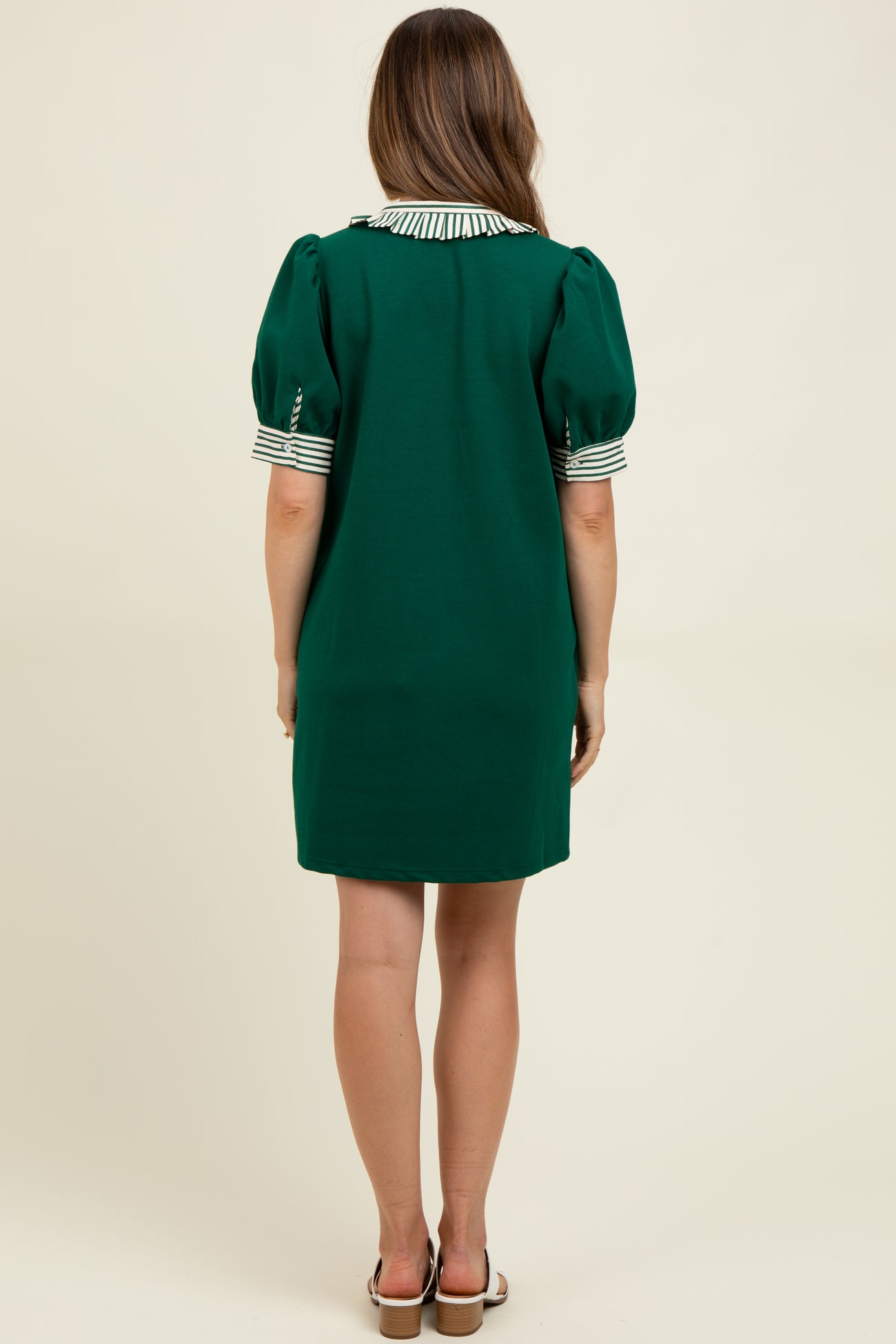 Forest Green Mock Neck Contrast Striped Trim Maternity Mini Dress