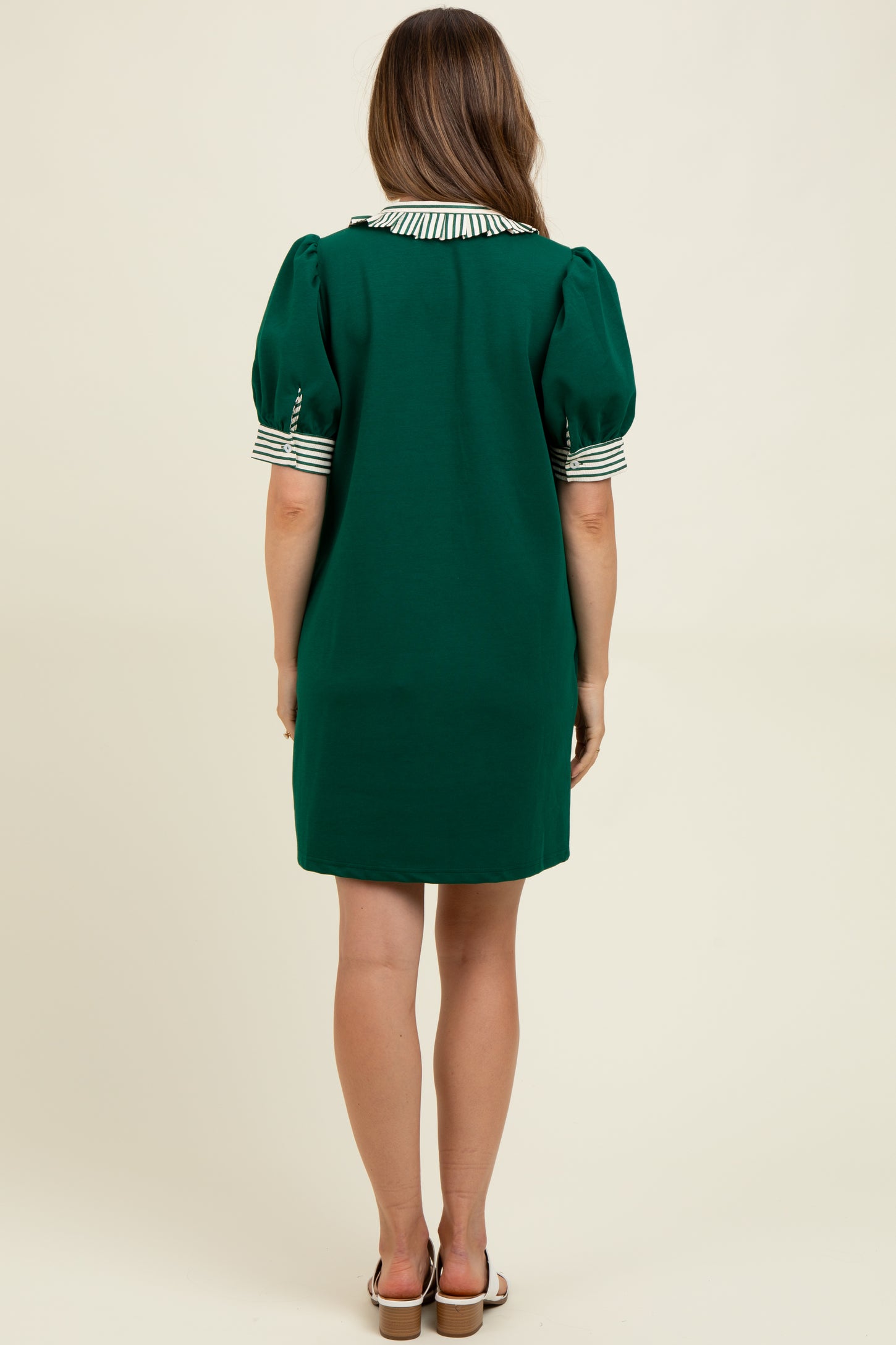 Forest Green Mock Neck Contrast Striped Trim Maternity Mini Dress