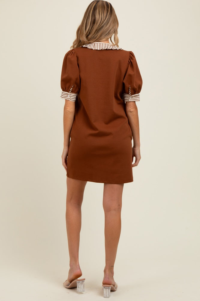 Mocha Mock Neck Contrast Striped Trim Maternity Mini Dress