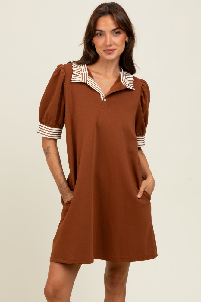 Mocha Mock Neck Contrast Striped Trim Mini Dress